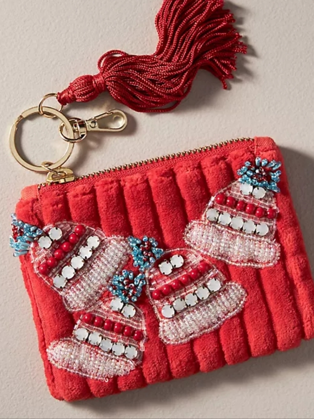 NWT Anthropologie Beaded Quilted Holiday Coin Purse With Tassel Zipper Pull